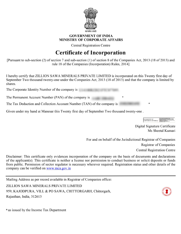 incorporation certificate